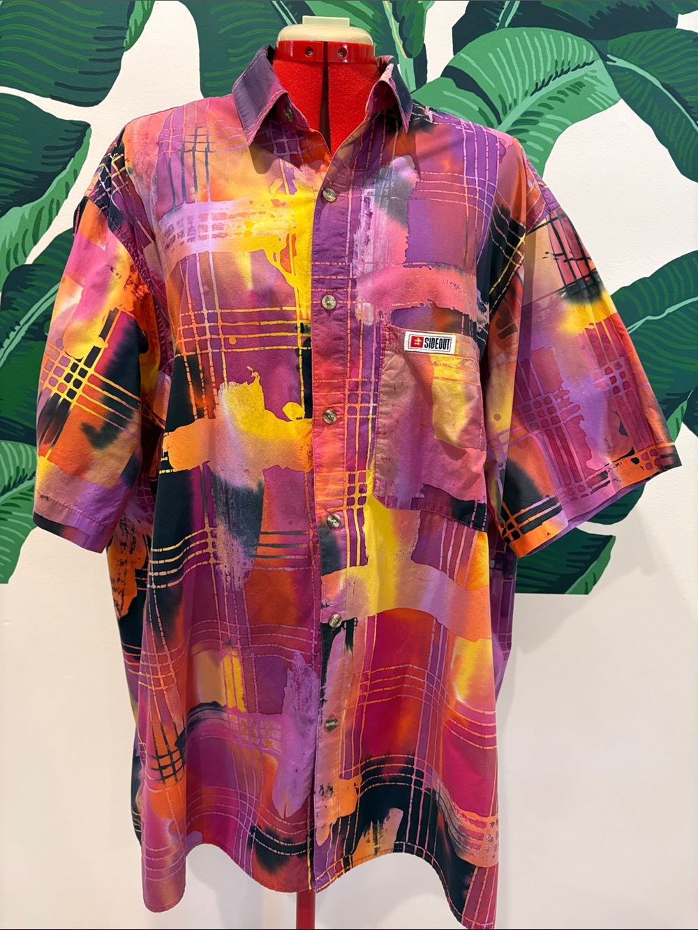 Vintage SIDEOUT Purple, Yellow, Orange, Black Wacky Patterned Button-Up Shirt